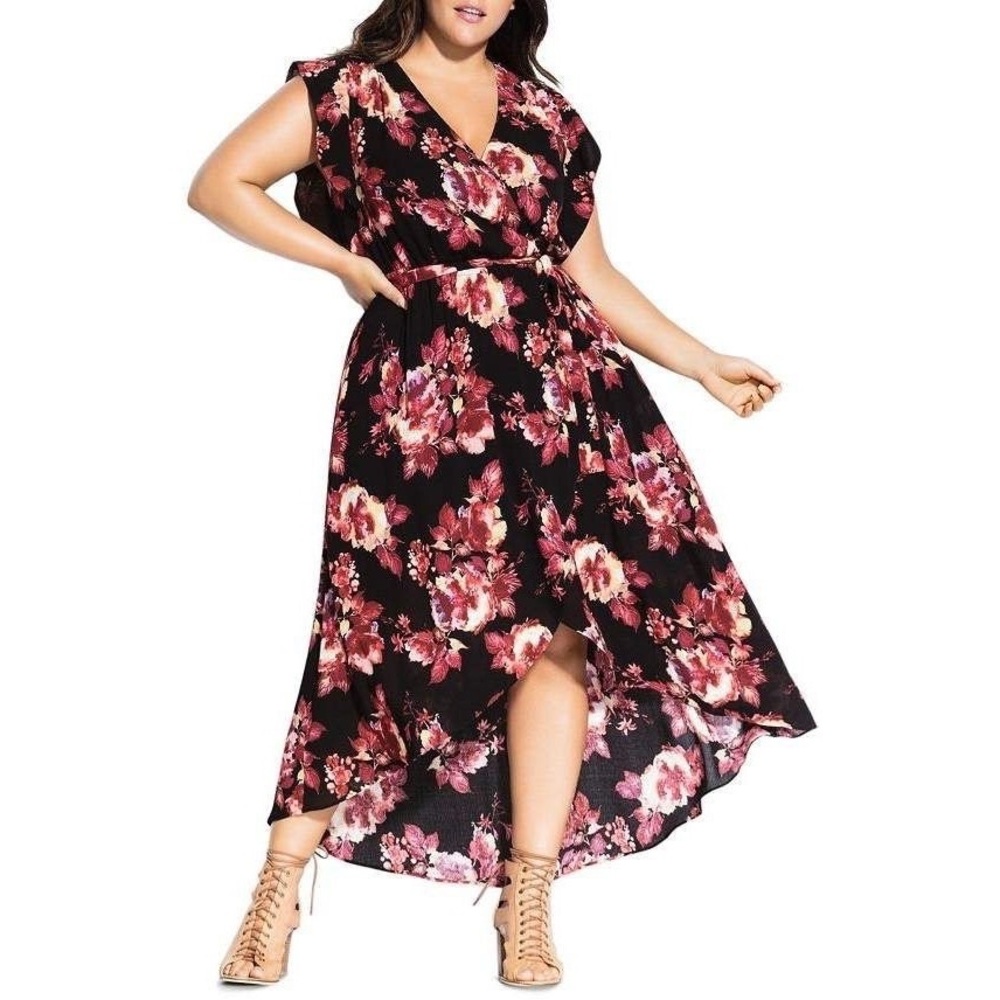City Chic • 20/L • Monet Floral Print Faux Wrap Maxi Dress High Low